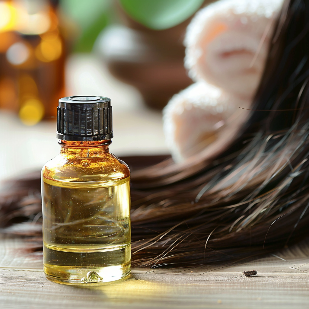 a bottle of crambe abyssinica oil in front of hair and skin